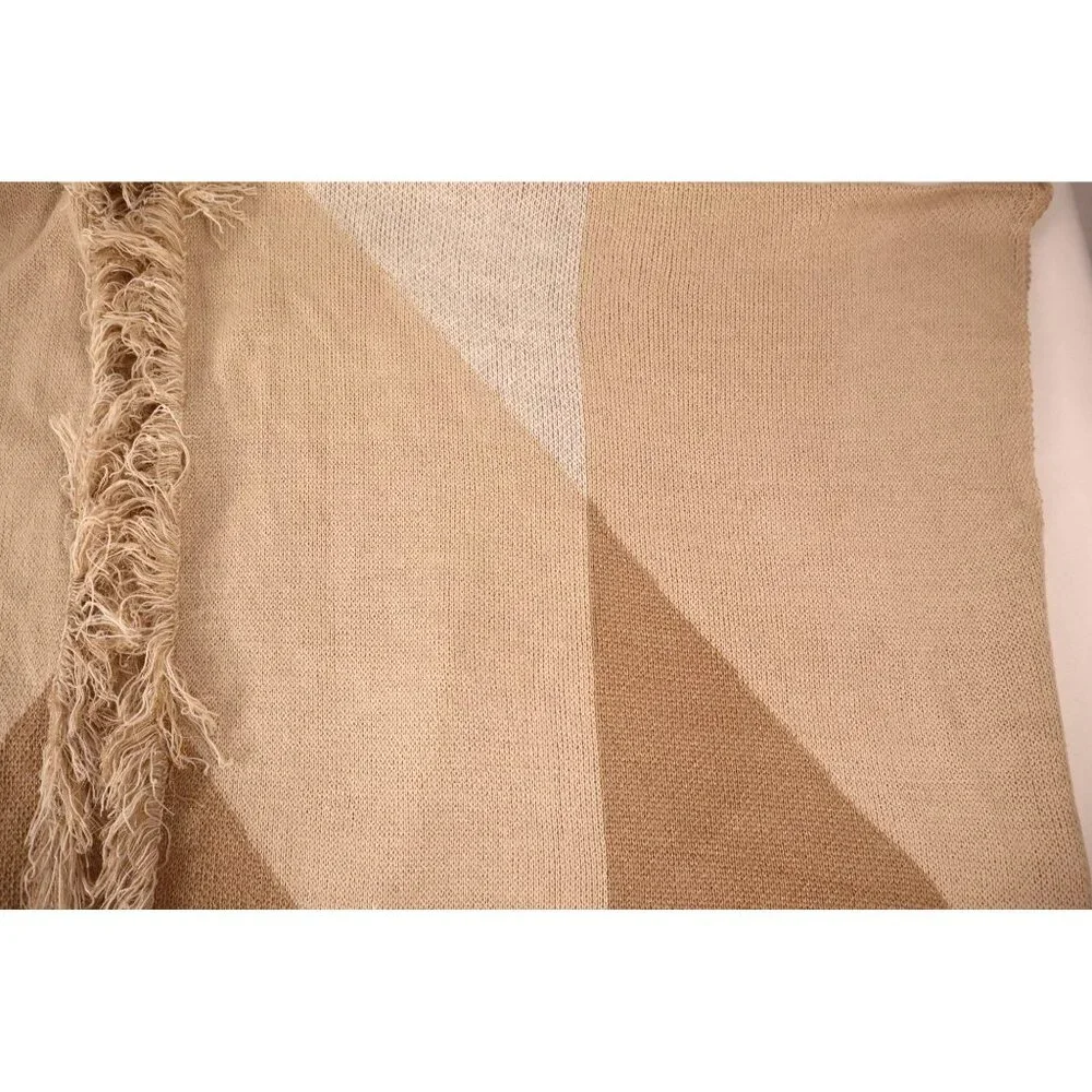 C Cozy Beige Color Block Open Front Poncho with Fringe Detail Size Large - Picture 12 of 14